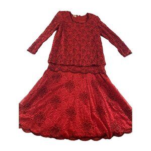 Vintage Neiman Marcus Red Beaded Long Sleeve Drop Waist Dress - Large